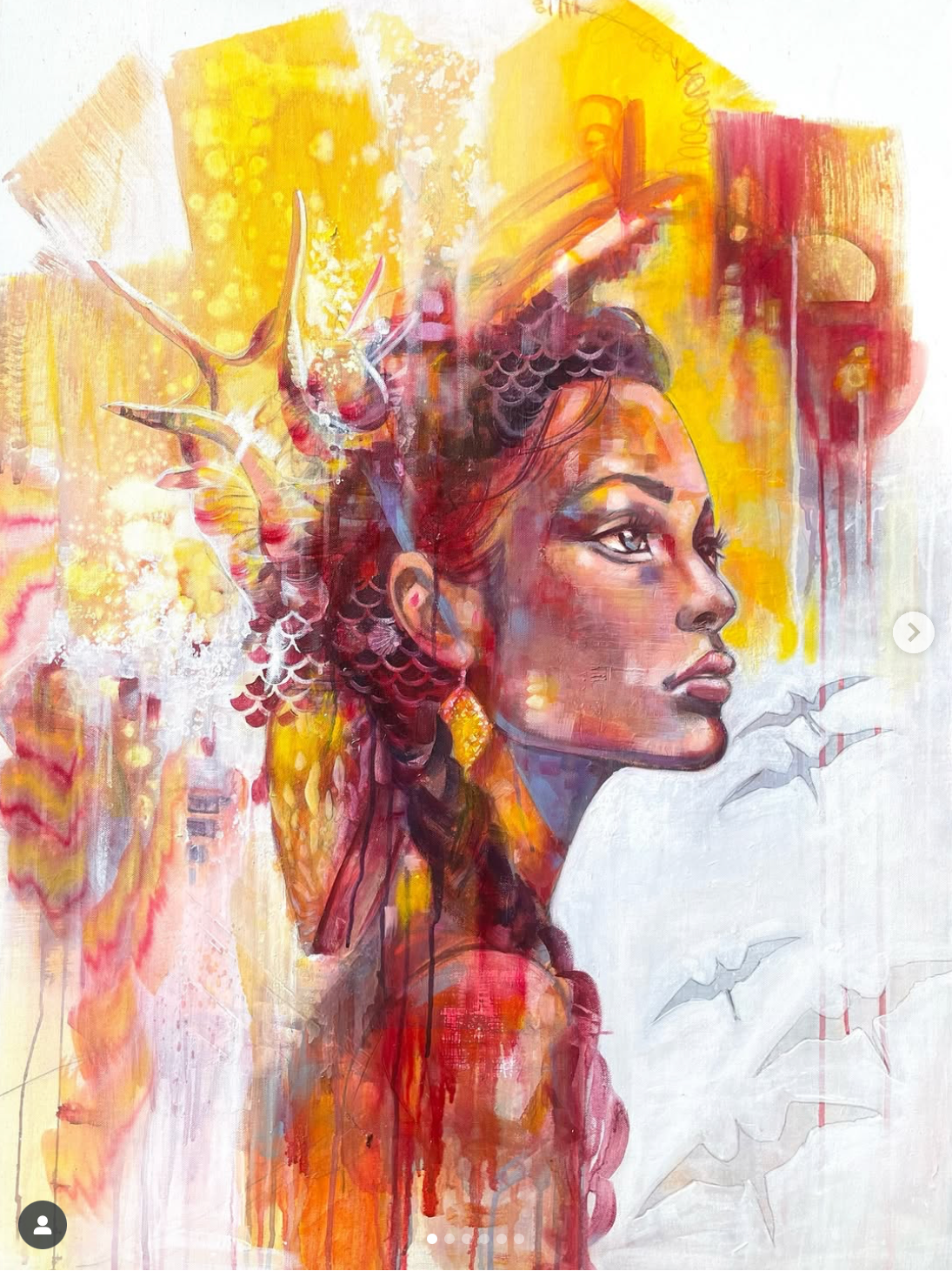 Artistic depiction of a woman with colorful, abstract background